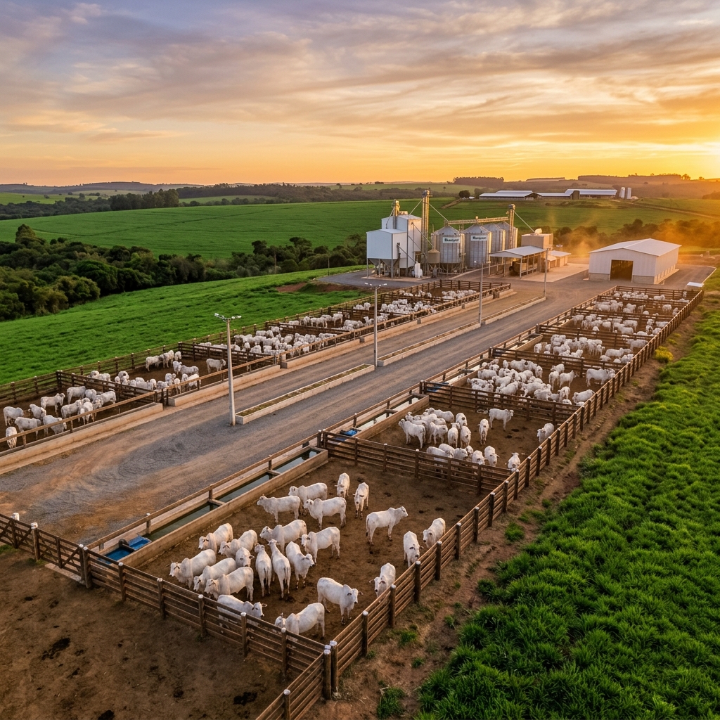 Modern Cattle Feedlot at Sunset
